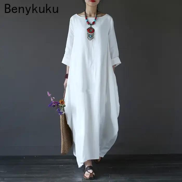 Vintage longue robe Maxi femmes à manches longues grande taille caftan Baggy ample coton lin robes d