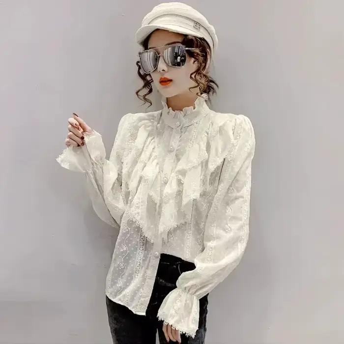 Manches longues lâche printemps mode bouton chemise blanche élégant col montant plissé hauts décontr