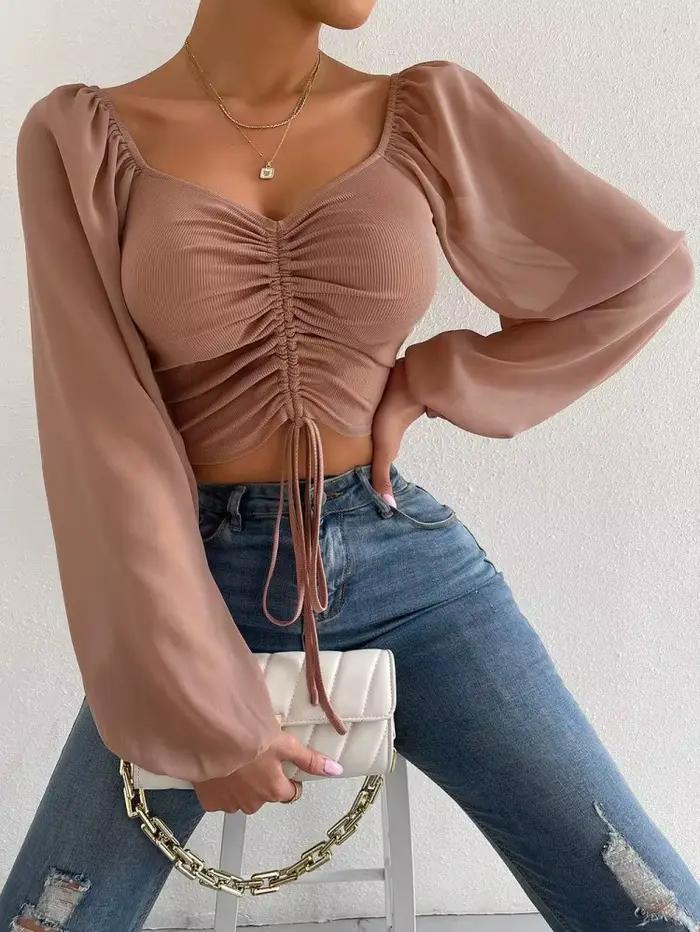T-Shirt court à manches transparentes pour femmes, cordon de serrage sur le devant, col plongeant, m