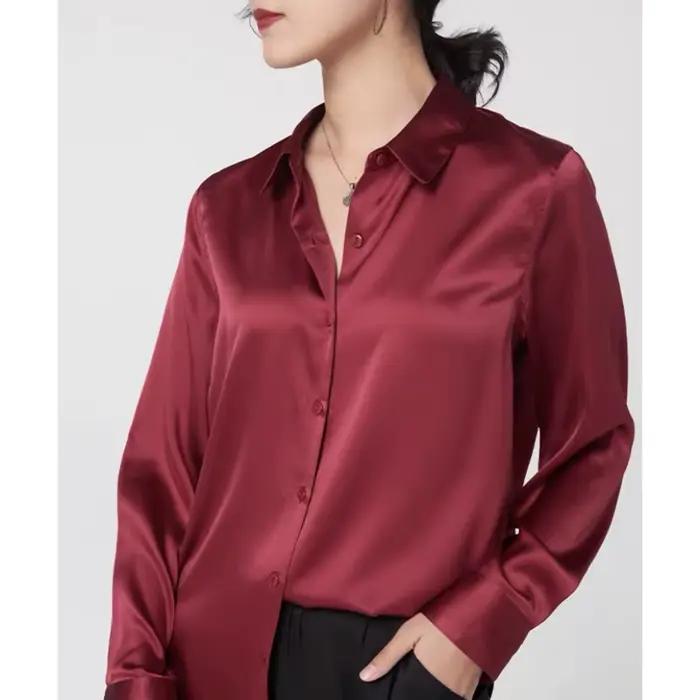 Élégant Satin à manches longues Blouses femmes 2025 Vintage bordeaux blanc chemise en soie femmes dé