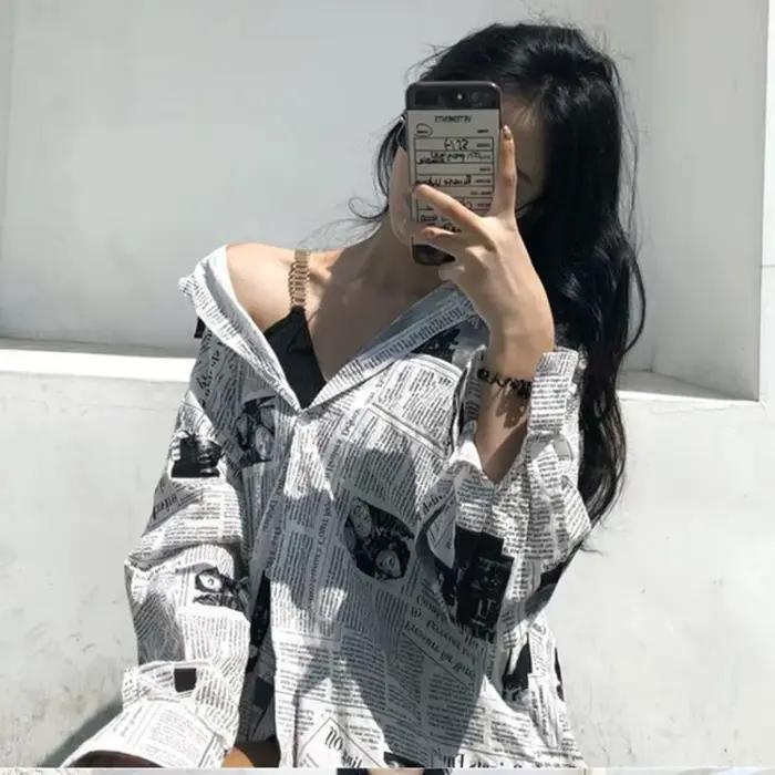 Gidyq-Chemises en mousseline de soie pour femmes, streetwear décontracté coréen, imprimé journal, mo