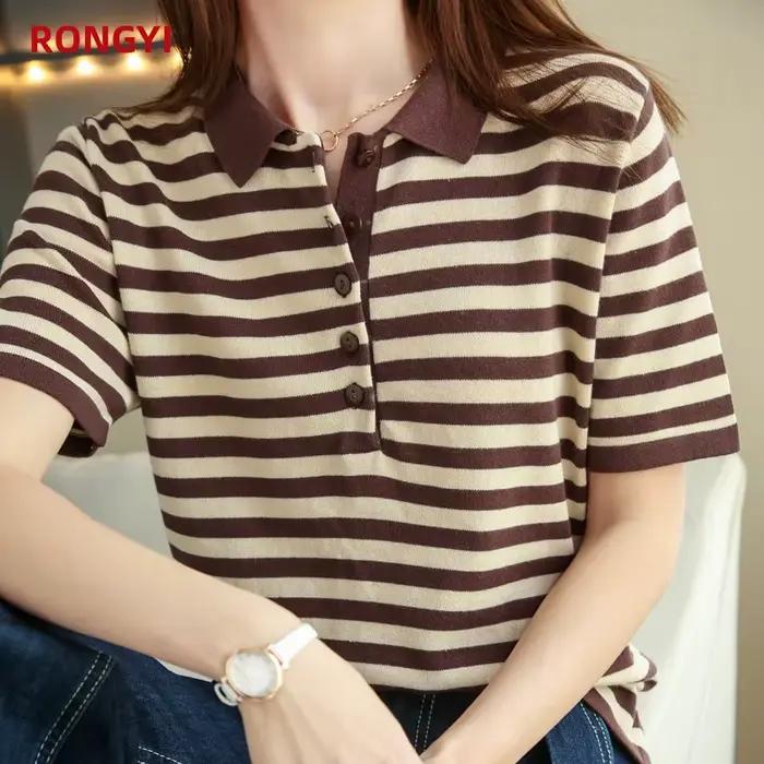 Leardean I-T-shirt à manches courtes pour femme, 100% coton, col polo, haut rayé et fin, printemps e