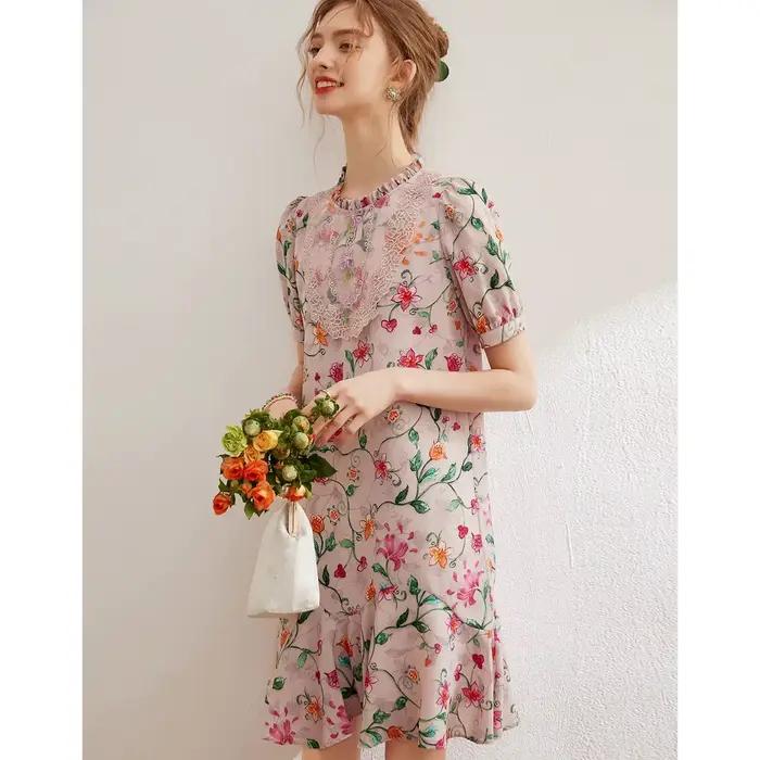 Modiis Yao-Robe florale brodée élégante, dentelle perlée, col rond, manches courtes, robe courte A-L