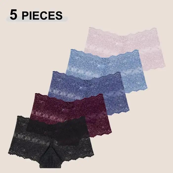 5 pièces/ensemble Sexy dentelle Perspective culotte couleur unie évider taille haute étoile Boyshort