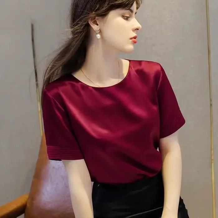 Acétate Satin t-shirts pour femmes de haute qualité dames décontracté élégant soie satin blouse été