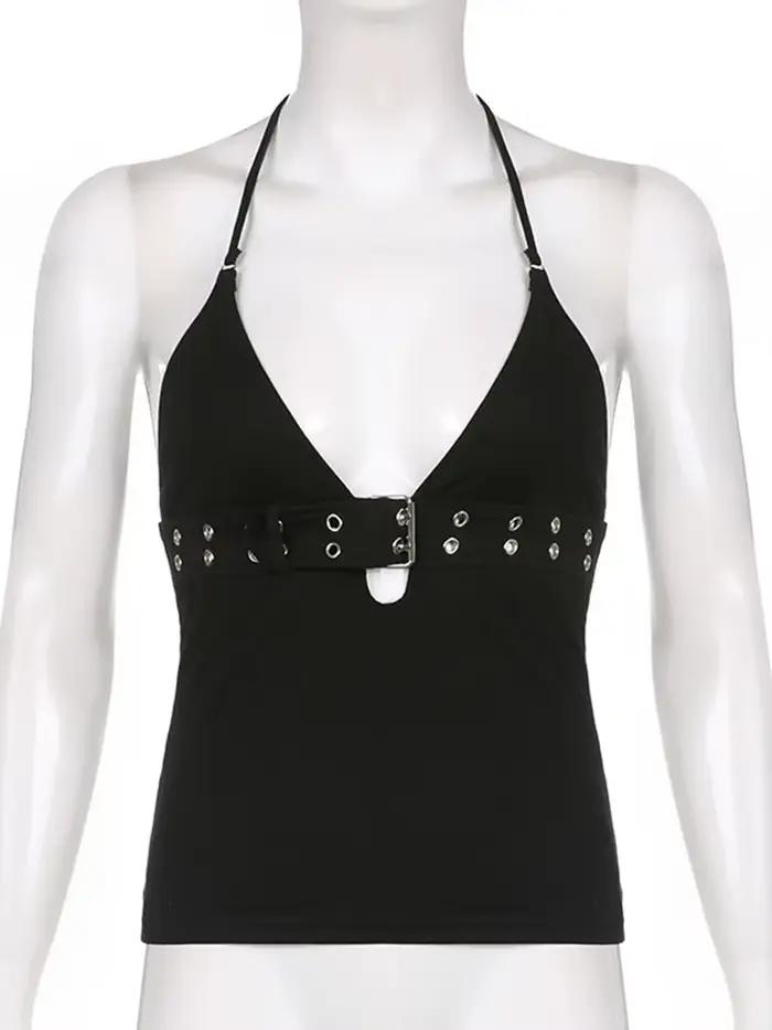 Y2k – haut court à bandes noir, dos nu, à lacets, mignon, fête, plage, été, sweat-shirt pour femmes,
