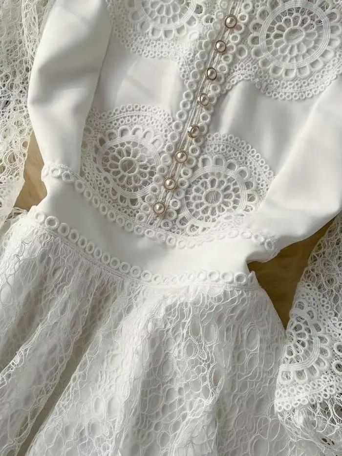 Robe blanche en dentelle ajourée pour femmes, Vintage, broderie de fleurs, col montant, manches long