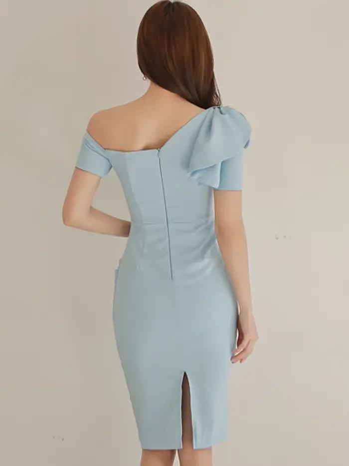Robe de soirée élégante bleu ciel pour femmes, style coréen, sans bretelles, dos nu, sexy, col alert
