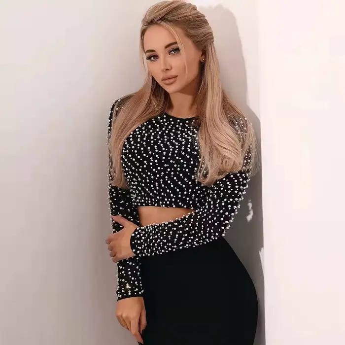 Sexy perles haut tendance femmes à manches longues vêtements Club fête Sexy maille Vintage élégant h
