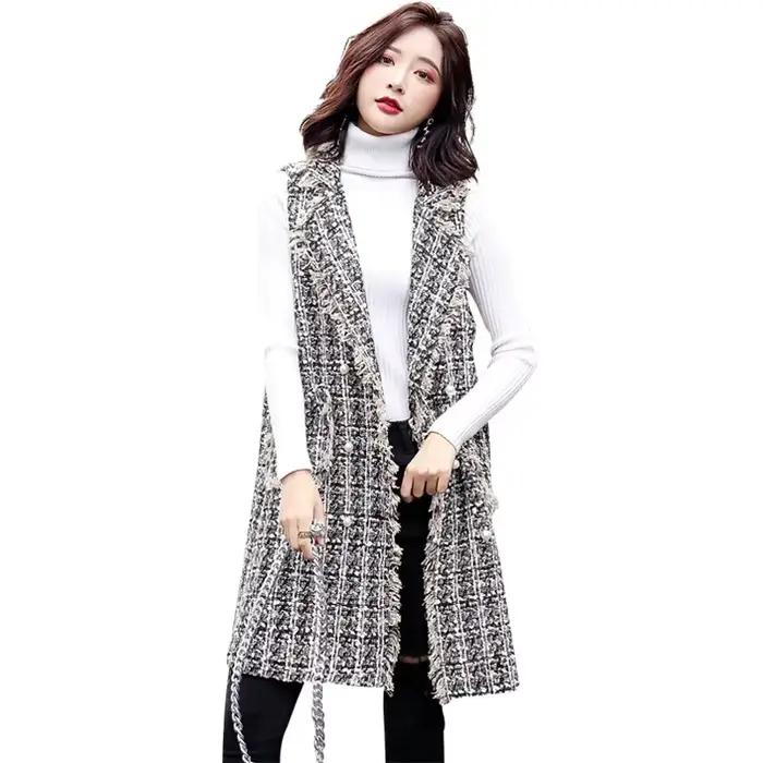 Veste Longue en Laine pour Femme, Cardigan à Carreaux, Nouvelle Collection Printemps Automne 2023