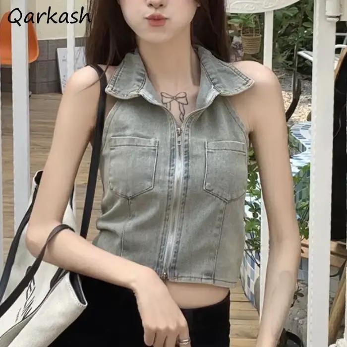 Débardeur court en denim pour femmes, streetwear mince sexy, vêtements décontractés vintage pour fil