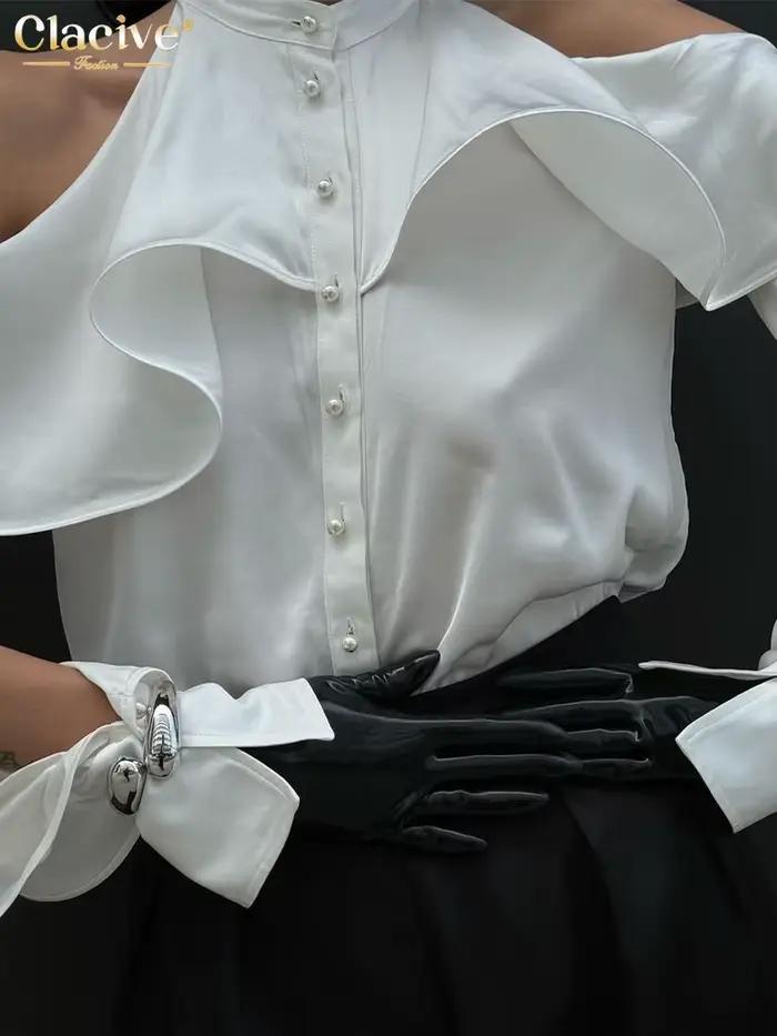 ClacMarkets-Chemise à manches longues à col rond pour femmes, haut à volants classique, vêtements fé