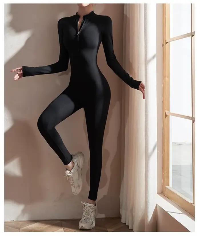 Combinaisons de Yoga à manches longues pour femmes, coupe cintrée, extensible, une pièce, barboteuse