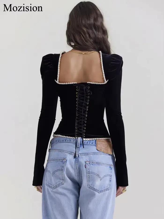 Mozision col carré dos nu pansement Sexy T-shirt femmes automne hiver nouveau noir épaulette manches
