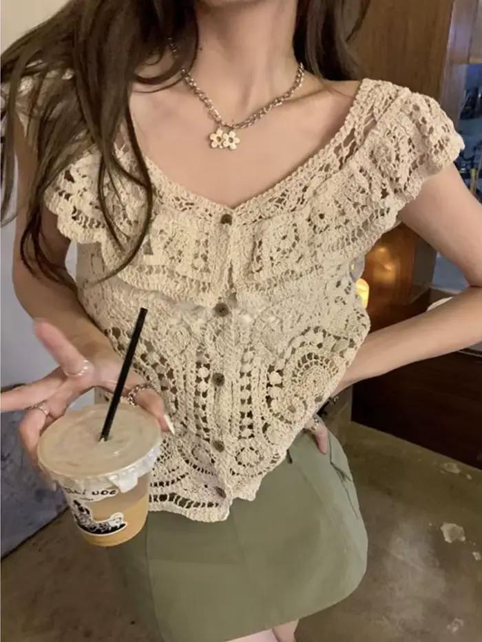 Cardigans femmes élégant évider loisirs Streetwear Design solide tendre attrayant romantique ample à