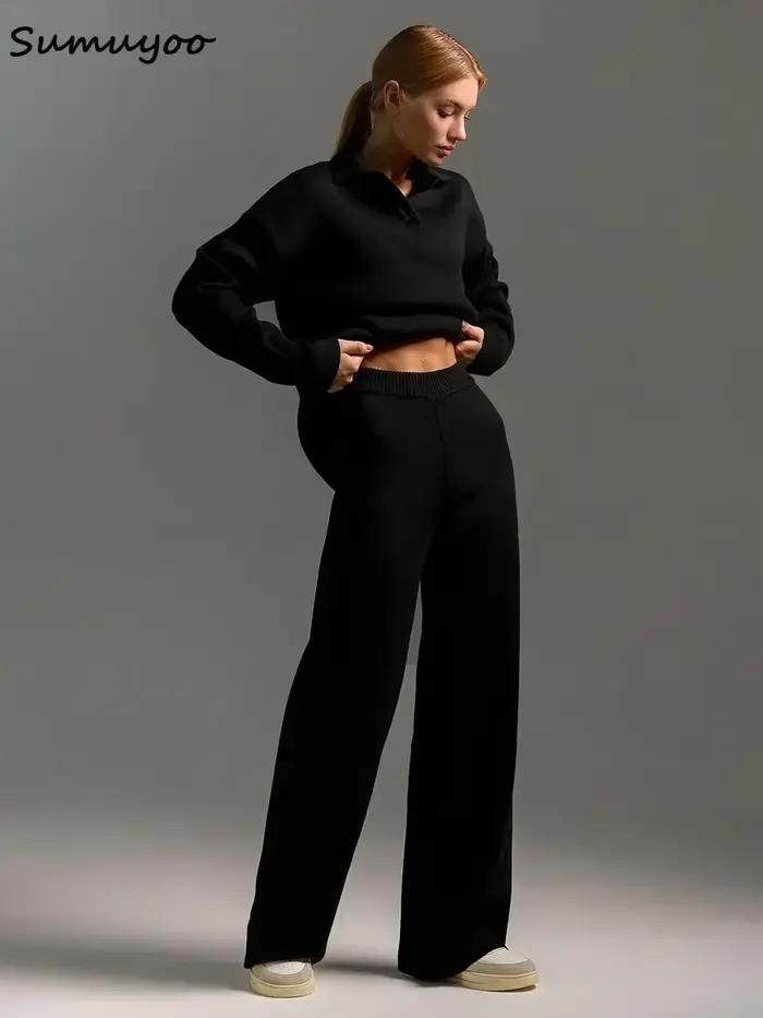 Sumuyoo hiver épais femmes tricoté costumes cachemire doux 2 pièces ensembles femme col Polo pull et