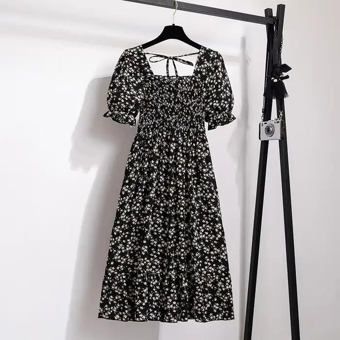 Printemps été robes en mousseline de soie mode femme taille élastique à manches courtes plissée tenu