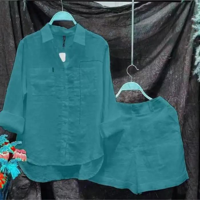 Ensemble d'été 2 pièces en coton et lin pour femmes, chemise et short blancs à manches longues, à la