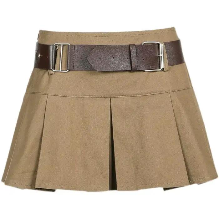 Karrram – Mini jupe plissée marron pour femmes, décontractée, taille haute, avec ceinture, mode coré