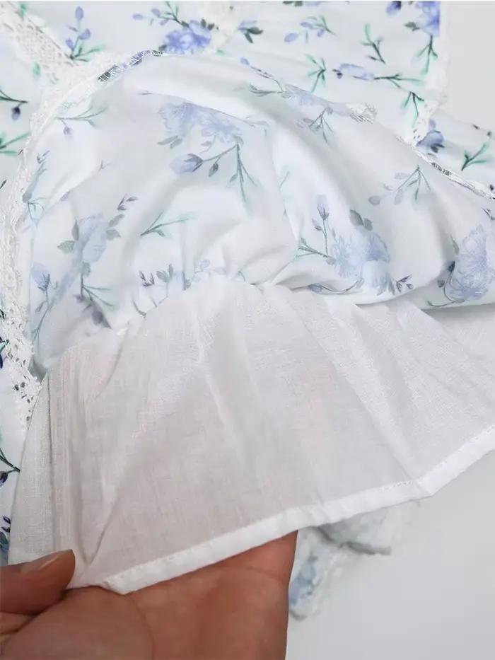 YENKYE-Mini robe à volants en dentelle pour femmes, imprimé floral, manches bouffantes vintage, garn