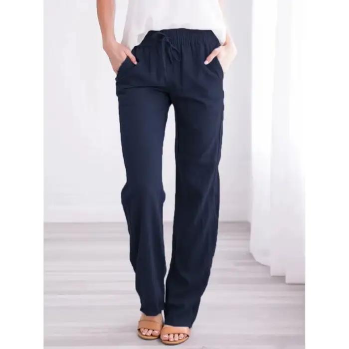 Pantalon en coton et lin pour femmes, avec cordon de serrage, taille élastique, décontracté, couleur