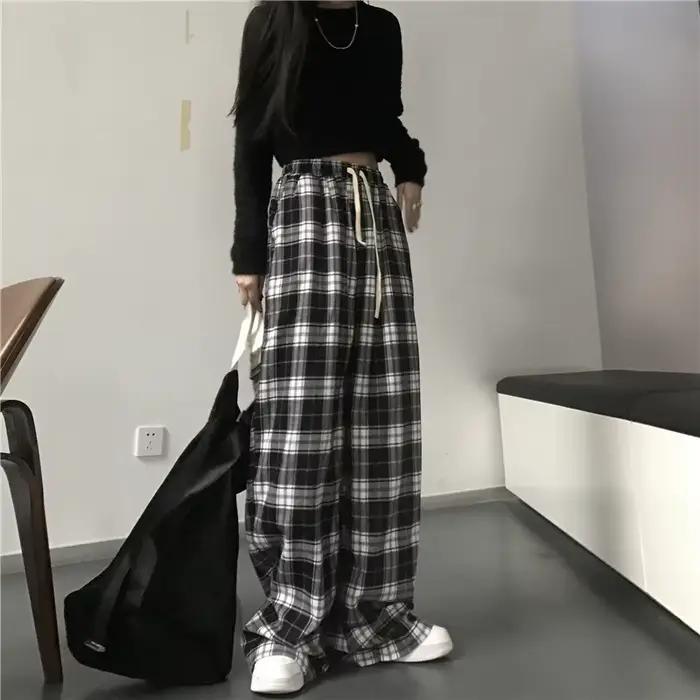 Pantalon de survêtement oversize pour femme, motif écossais noir, décontracté, coupe ample, taille é