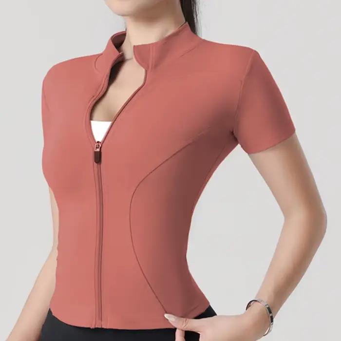 Femme yoga veste haute élastique Yoga à manches courtes manteau col montant serré sport manteau nu F