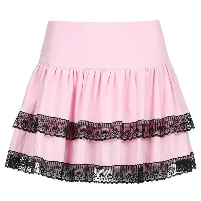 Jupe gothique vintage pour femmes, style académique, double dentelle rose, cousue A-word, jupe Haraj