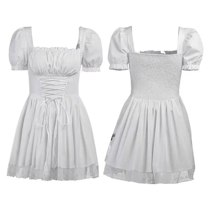 Robe trapèze à manches bouffantes pour femmes, tenue courte d'été Fairycore Lolita, couleur unie, ga