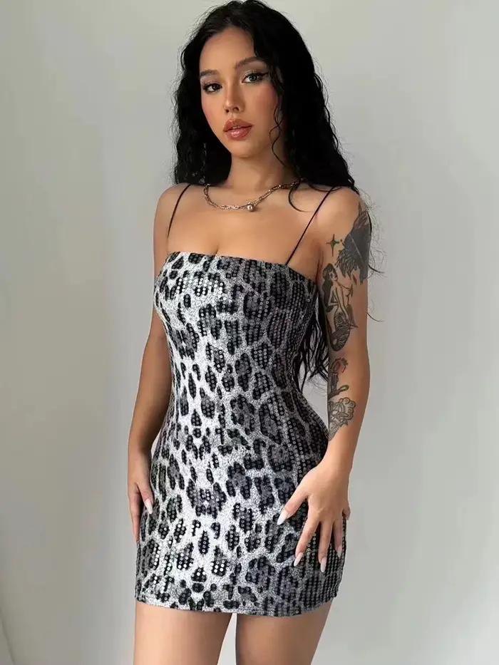 Mini robe tactique zura à imprimé léopard pour femmes, sangle initiée par les spaghettis, col carré,