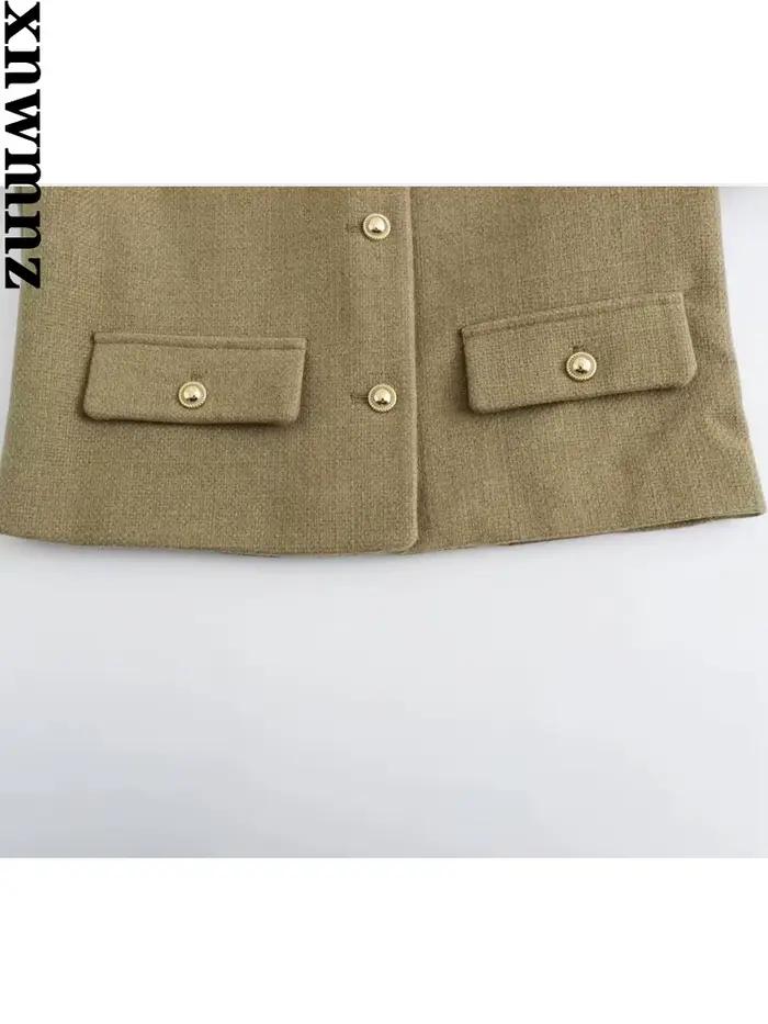 XNWMNZ-Veste courte vintage à col rond pour femme avec poche à rabat, blazer femme polyvalent, manch