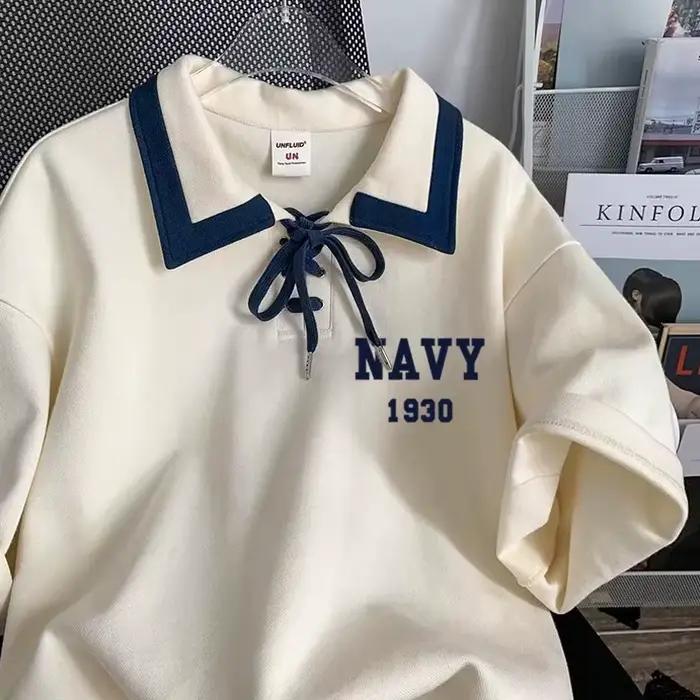 T-shirt à manches courtes pour femme, lettre de la marine imprimée, revers simple, style collège, co