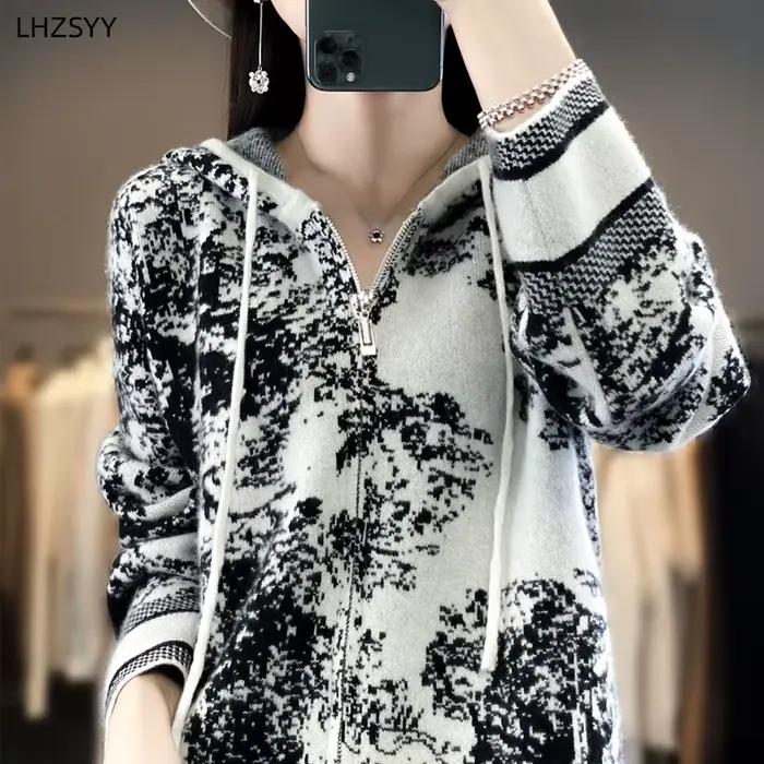 LHZSYY-Pull à Capuche en Cachemire pour Femme, Cardigan Triblockchain avec Fermeture Éclair, Manteau