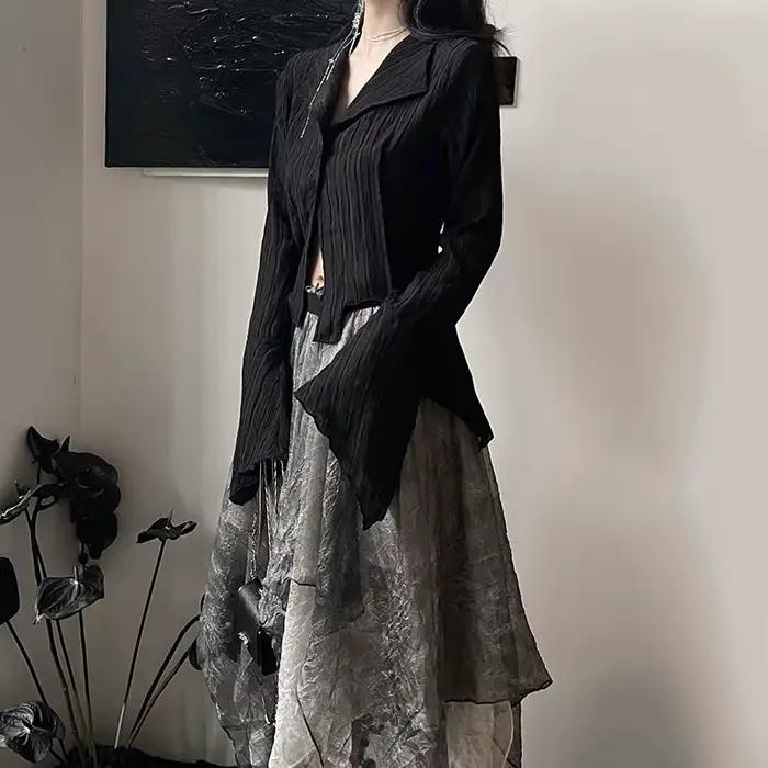 Karrcat – chemises gothiques noires, irrégulières, Style Yamamoto, Blouse à manches évasées, vêtemen