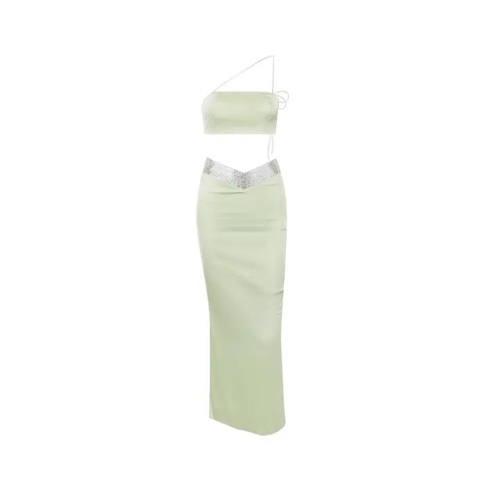Suninheart-Robe d'invité de mariage avec perles pour femmes, ensemble de 2 pièces, haut court, vert,