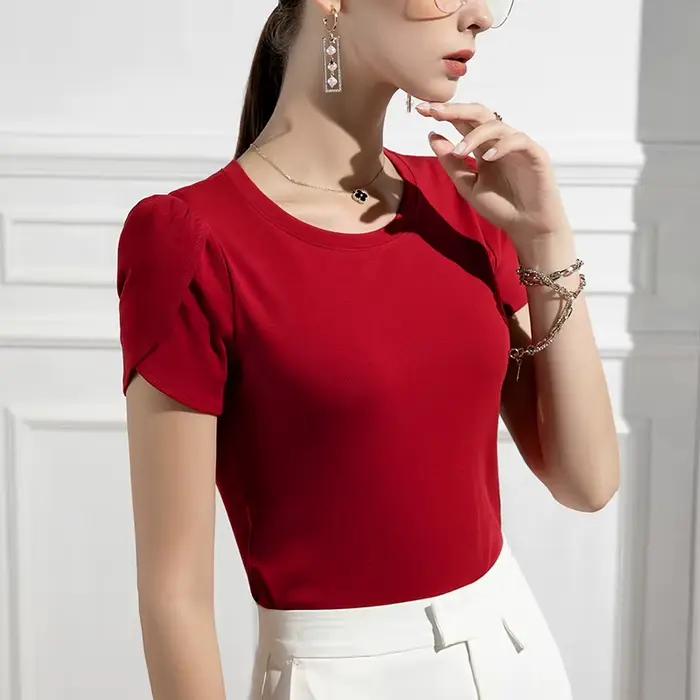 Femmes doux pétale à manches courtes coton T-shirts hauts dame O cou t-shirt pulls hauts pour les fi