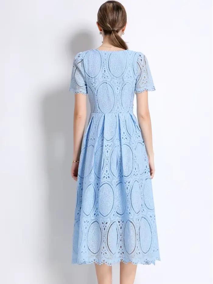 SMTHMA – robe élégante en dentelle, ajourée, perlée, haut de gamme, avec ceinture, col rond, manches