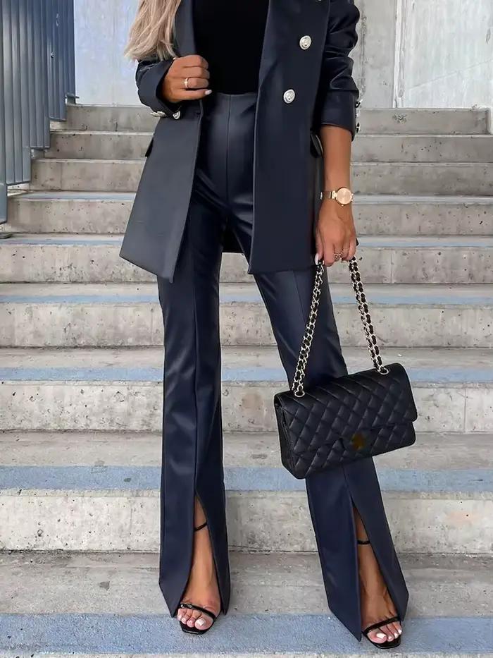 Pantalon évasé taille haute pour femme, pantalon long en PU, monochromatique, fourche ouverte, stree