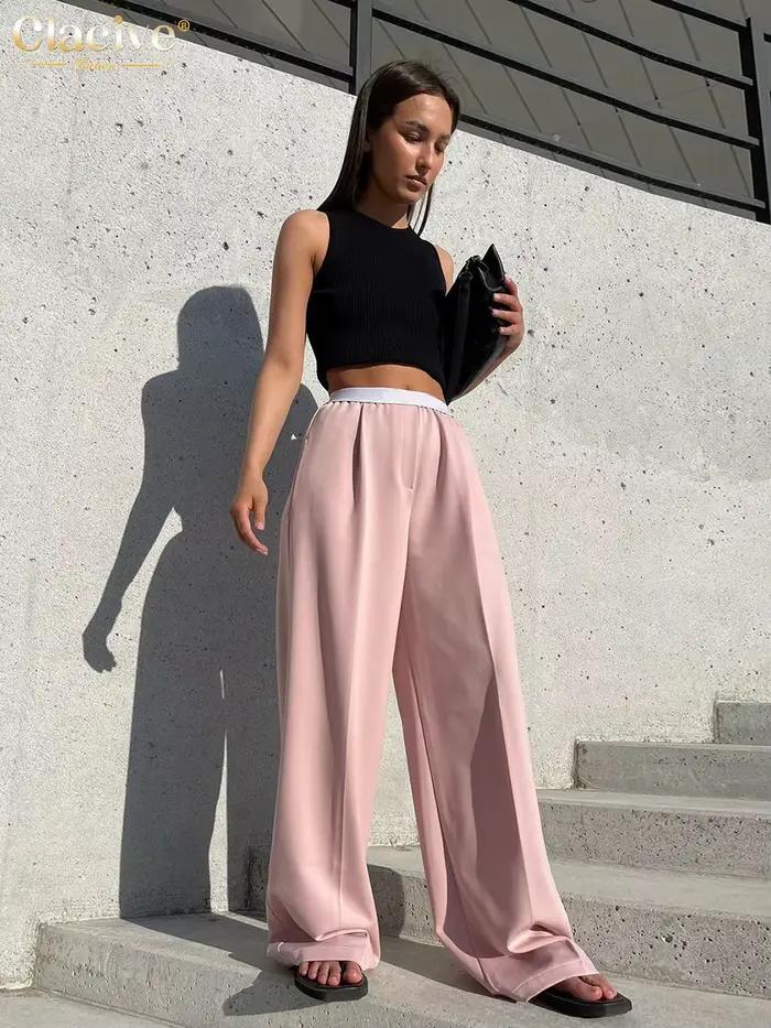 ClacMarkets-Pantalon Gris pour Femme, Taille artificiel astique, Jambes Larges, Mode Décontractée, F