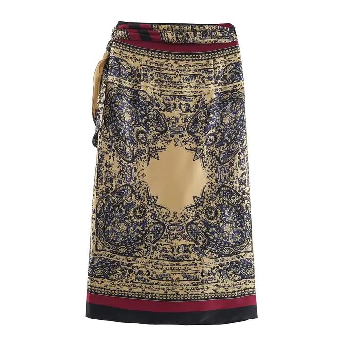 Demi-jupe imprimée Paisley rétro pour femmes, enveloppée dans une écharpe à bretelles avec taille ha