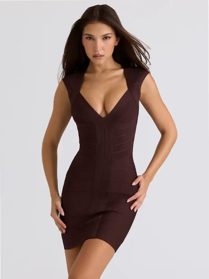 Mini-robe sexy moulante à col en V et sans manches pour femme, tendance clubbing, avec empiècements