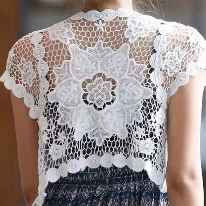 Femmes manches courtes Crochet haussements d'épaules évider fleur dentelle ouvert devant recadrée Ca