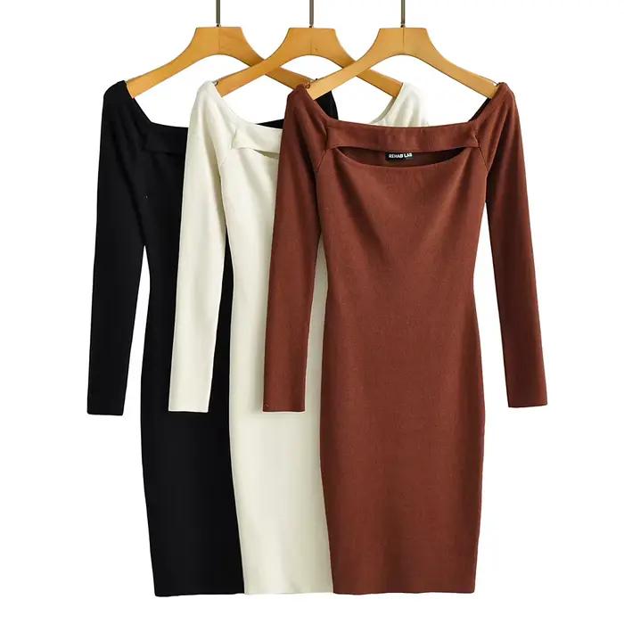 Robe de soirée courte moulante à manches longues pour femmes, robes tricotées évidées, épaule dénudé