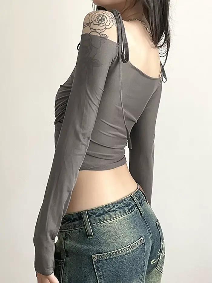Y2K Streetwear pour femmes, haut court à col Slash, Sexy, épaules dénudées, manches longues, Slim, m