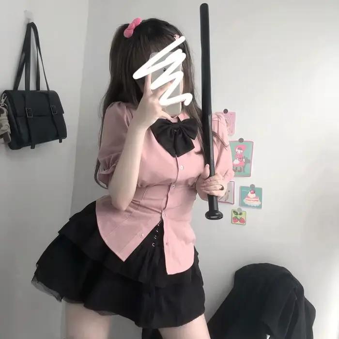 Chemises à Manches Courtes pour Femme, Slim, Plissé, Doux, Mignon, Preppy, Style Japonais, Y2k, Vête