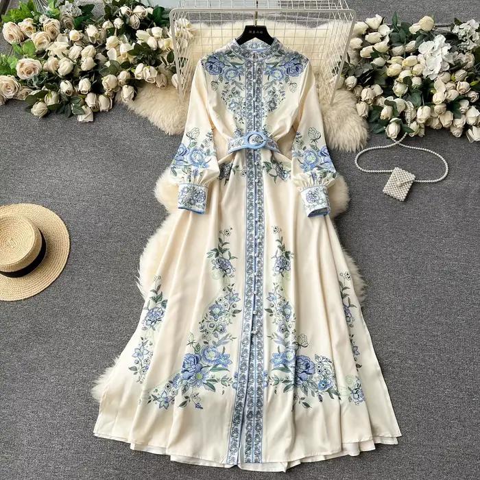 Robe Longue à Col Montant pour Femme, Manches Lanternes, Imprimé Floral, Simple Boutonnage, Ceinture