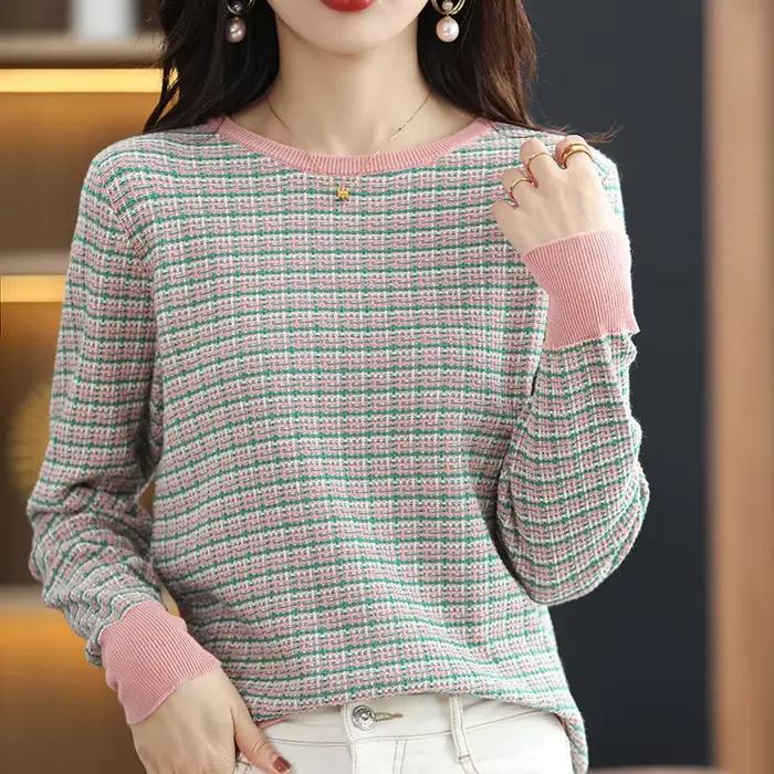 Pull doux à col rond pour femme, vêtement chaud, décontracté, à rayures contrastées, 100% coton, col