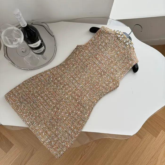 Mini robe de luxe en Tweed pour jeunes filles, couleur Vintage, douce, diamants, sans manches, tissa