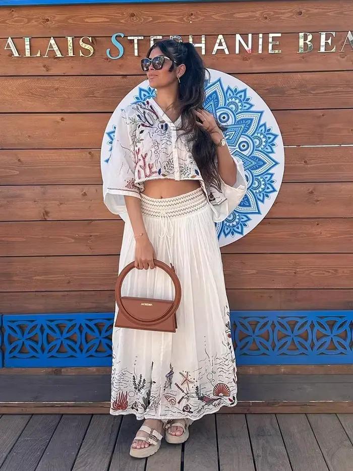 Jupe Maxi Brodée à Manches Chauve-Souris en Coton Blanc, Organisme Marin, Ensemble de Robe à Glands,