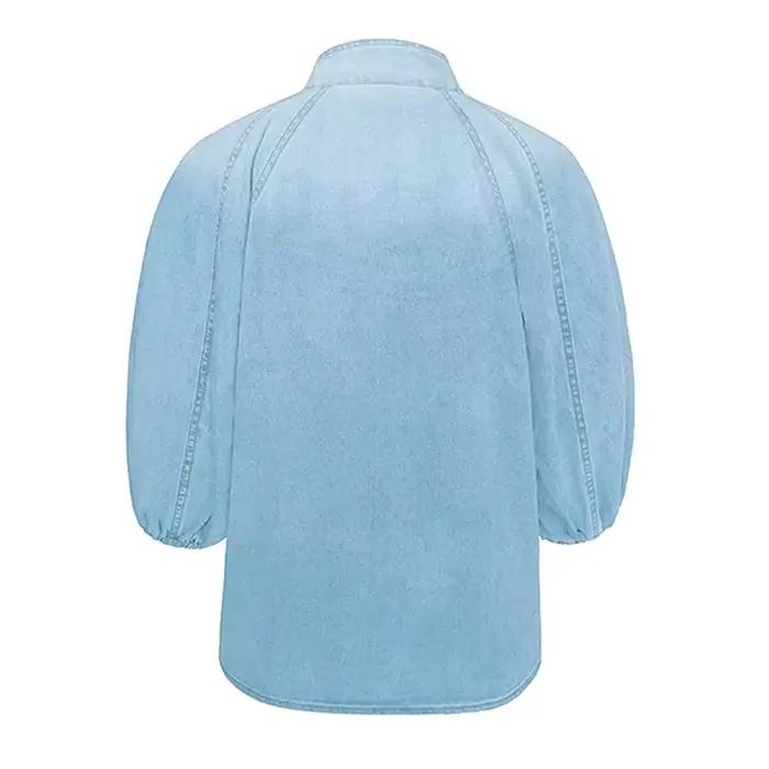 Économie à col roulé à lacets pour femmes, demi-manches bouffantes, t-shirts en denim décontractés,